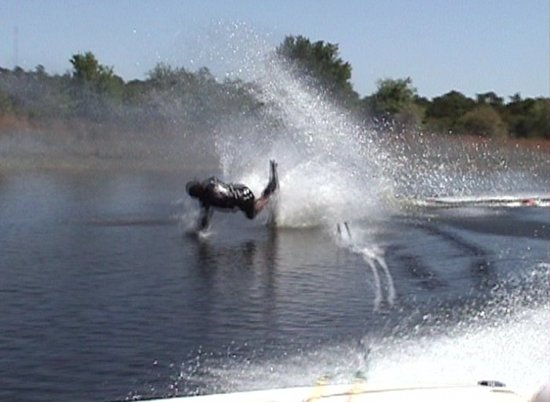 water ski crash over the front at the finish of the turn